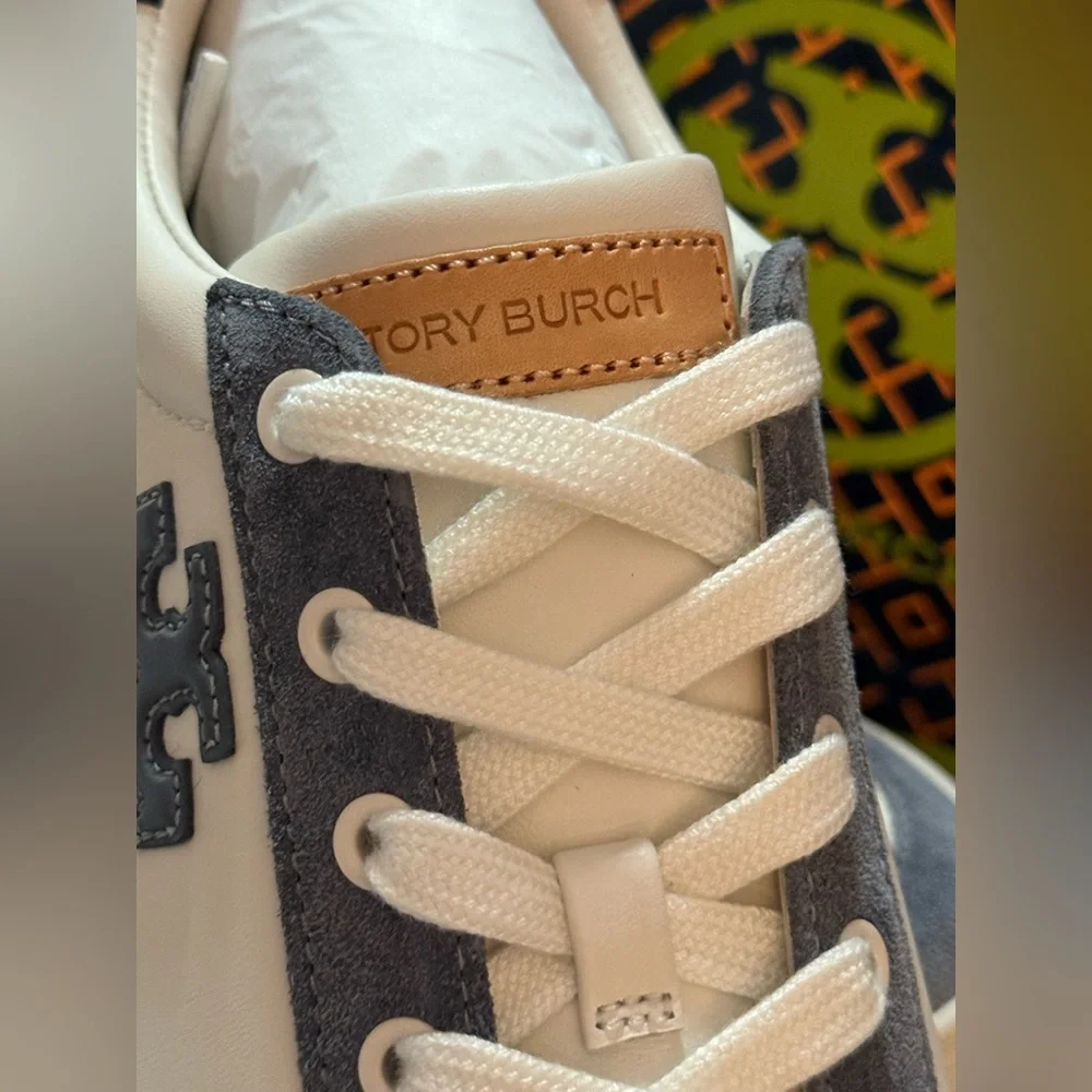 Tory Burch White and Blue Leather Sneakers